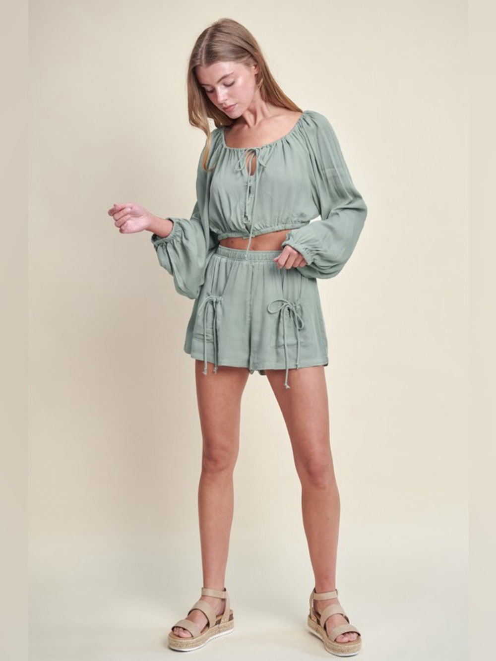 MABLE Gauze Long Sleeve Button Crop Top and Short Set